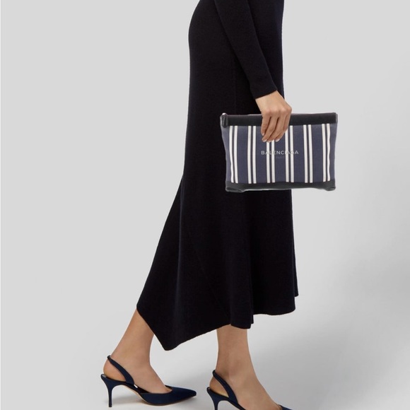Balenciaga Canvas Striped Navy Clip Unisex Pouch - Picture 9 of 9